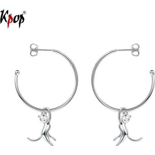 Kpop Hanging Cat Circle Earrings Animal Jewelry Love Gifts for Her Genuine 925 Sterling Silver Kitty Cat Earrings E6088