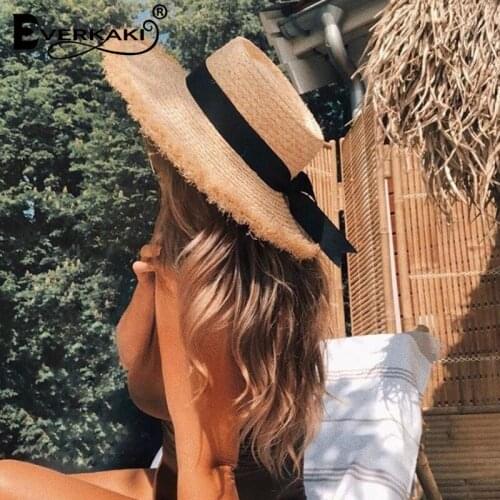 Everkaki Straw Bowknot Sun Hats Summer Womens Boater Beach Hat Wide side Casual Ladies Panama Flat Hat Fedora 2021 New Chic