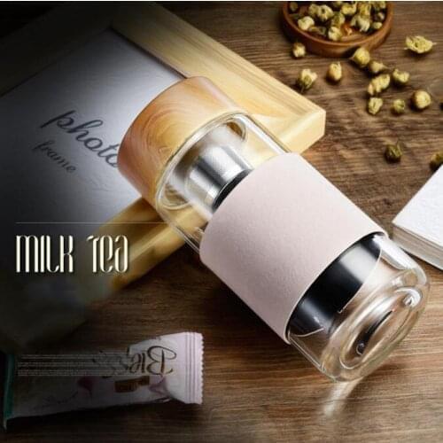 350ml 12oz Glass Water Bottles Heat Resistant Round Office Tea Cup With Stainless Steel Tea Infuser Strainer Tea Mug Car Tumbler