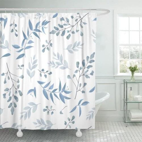 Light Watercolor Blue Color Dusty Leaves Fern Greenery Forest Herbs Plants Tender Elegant Shower Curtain Waterproof Polyester