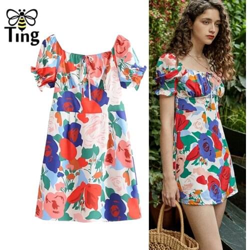 Tingfly Bohemian Floral Red Color Block Puff Sleeve Summer Boho Street Chic Mini Short Dress Holiday Beach Retro Vestidos Zbra