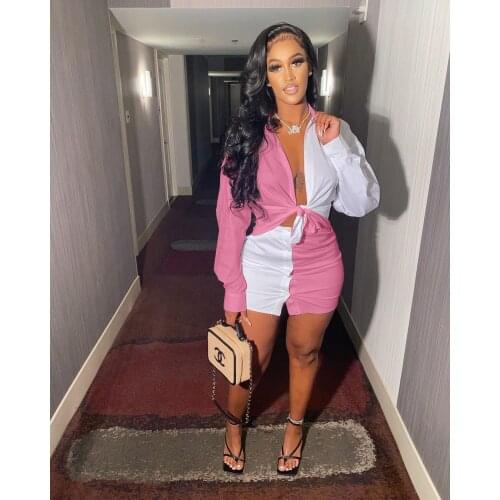 Streetwear Color Block Patchwork 2 Piece Outfits Dress Set Sexy V Neck Lace Up Shirt Top Mini Skirts Slim Two Piece Set Clubwear