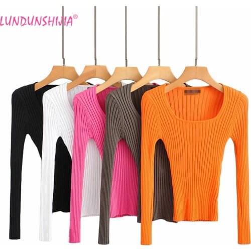 LUNDUNSHIJIA 2019 Spring Autumn Square Collar Long Sleeve Fluorescence Pullover Women Sexy Short Slim Knitting Tops 5 Colors