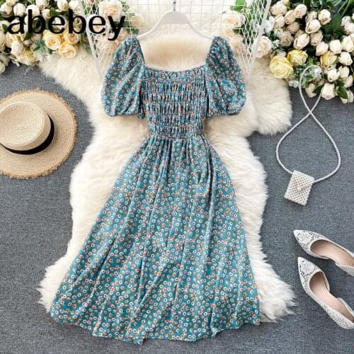 Slim vintage floral print Summer midi Dress square collar Party knee length dress Women elastic beach holiday a-line Dress