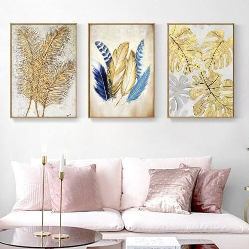 Golden Plant Leaf Feather Canvas Painting European Simple Sofa Background Wall Art Poster Living Room Decoration Painting Mural