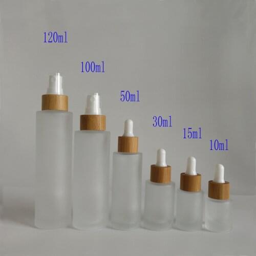 1 oz 2 oz 4 oz bamboo pump/dropper empty frosted round glass bottles for cosmetics Luxury glass lotion bottle with bamboo pump