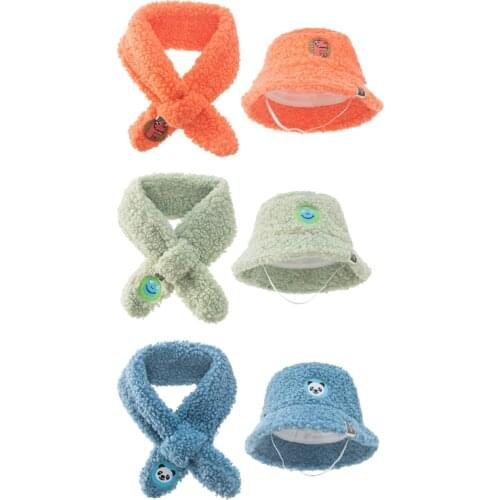 2 Pcs Kids Winter Warm Bucket Hat Scarf Set Cute Children Baby Boys Girls Warmer D08C