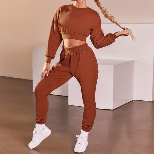 2021 Casual Sweater Suit Women Sweatshirt Running Sportswear Thermal Crop Top Loose Pants Autumn Winter Activewear Tracksuit