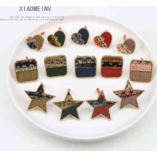 4pcs Vintage Geometric Earring Ethnic Style Embroidery Fabric Star heart-shaped Stud Earrings For Women Diy Jewelry Accessories