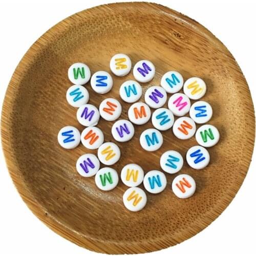 Free Shipping 500pcs 4*7MM Flat Coin Round Shape Acrylic Letters Beads White with Colorful Initial M Printing Alphabet Beads