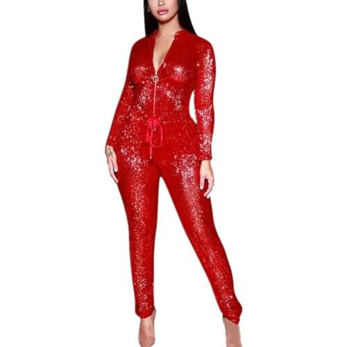 Women Sexy Long Sleeves Sequined Loose Playsuit Jumpsuit Bodycon Front Zipper V-neck Club Jumpsuit Romper Summer Overalls