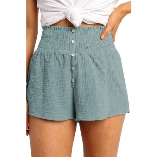 Elastic High Waist Shorts Women Solid Casual Holiday Button Slim Shorts 2020 Summer Female Pleated Wide Leg Black Short Trousers