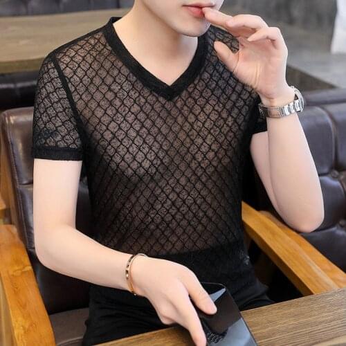 Sexy Hollow Mesh V-neck Short Sleeve See Through Mens T-shirt Social Club Outfits Fashionable Tshirt For Men Tee Shirt Homme