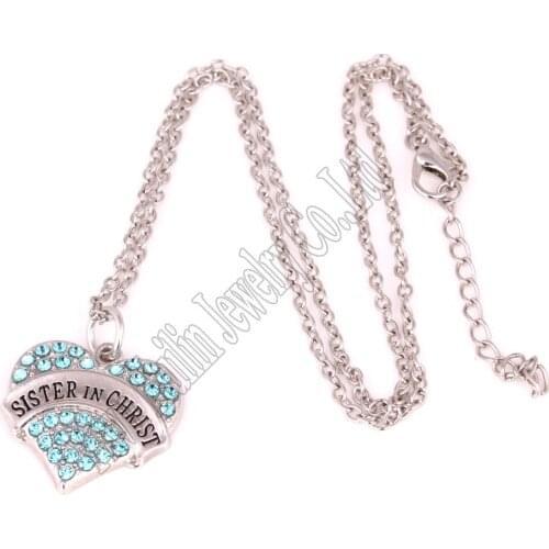 Hot Selling rhodium plated zinc studded with sparkling crystals SISTER IN CHRIST heart pendant necklace link chain