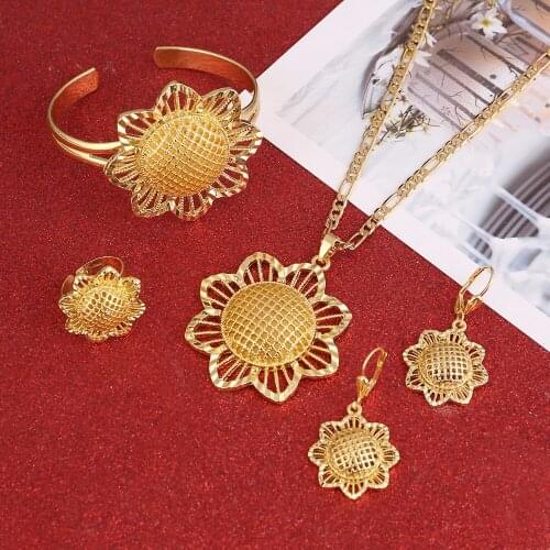 Sunflower Ethiopian Sets Eritrea Habesha Africa Bridals Wedding Jewelry Gift Necklace Pendnat Earrings Set