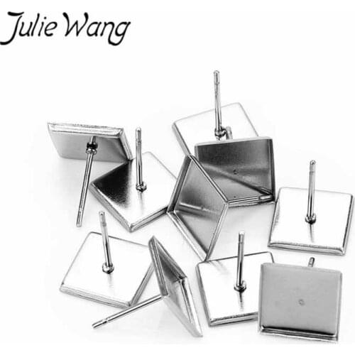 Julie Wang 50PCS 10mm Square Stud Earring Stainless Steel Cabochon Base Settings Blank Tray Earrings Jewelry Making Accessory
