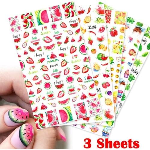 3pcs Summer Fruits Type 3D Nails Art Stickers Watermelon Strawberry Lemon Design Adhesive Sliders Manicure Accessory Decoration
