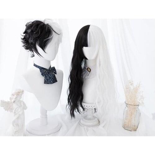 Lolita Lovers Wavy Bangs Black Mixed White Half Cute Ombre Party Synthetic Hair Cosplay Wig D134