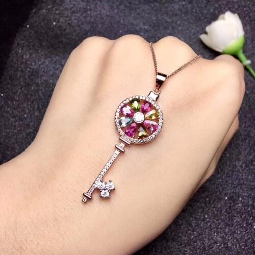 Natural tourmaline necklace, 925 silver precision design, big name with the same paragraph, key
