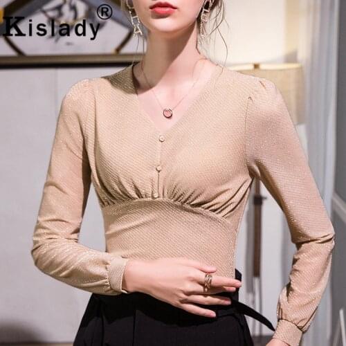 Autumn Winter V-Neck High Waist Patchwork Charming Shirt Harajuku OL Tops Puff Sleeve Shirt Korean Sexy Gothic Button Clothes