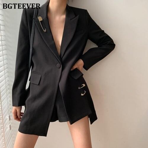 BGTEEVER Fashion Sashes Belted Women Blazer Notched Collar Long Sleeve Pins Black Female Suit Jacket 2020 Spring Summer Outwear