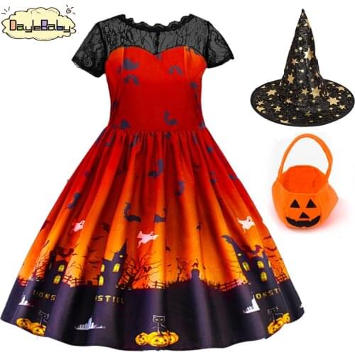 DAYLEBABY Girls Halloween Dresses Cocktail Swing Dress Skeleton Pumpkin Printed Cosplay Party Costume