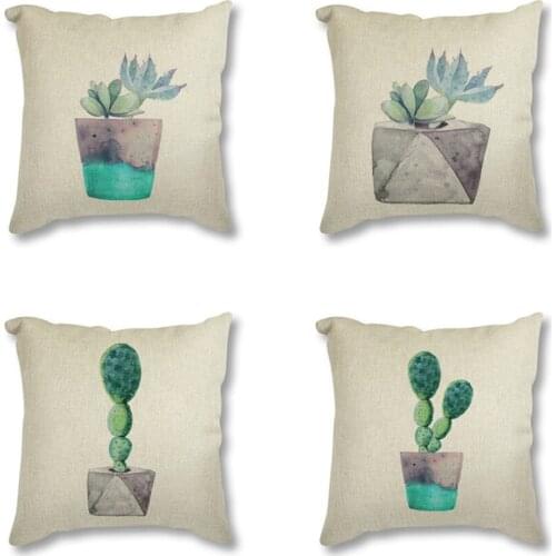 Seat Cushion 45x45cm Throw Pillow Watercolor Green Plant Flowers Cactus Print Nordic Style Linen Decorative Cushion for Sofa Car