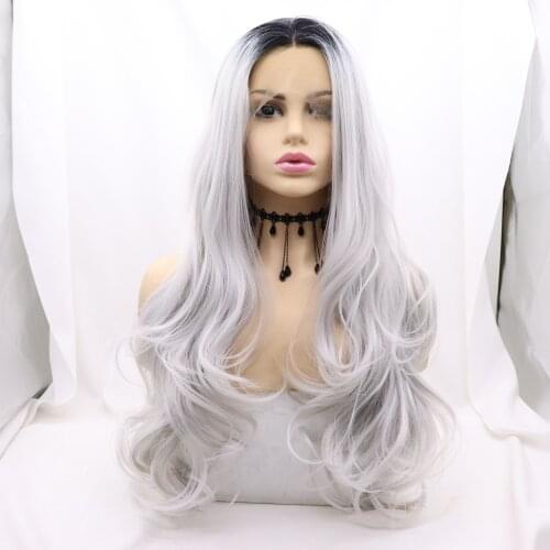 Baicheng Ombre Gray Wave Straight Lace Front Synthetic Wig For Black Women With Baby Hair Middle Part Natural Hairline Daily Wig