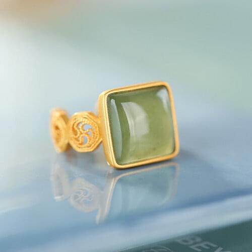 S925 Sterling Silver Jasper Ring Inlaid Natural Hetian Gray Jade Hollow Carved Square Exquisite Temperament Open Ring