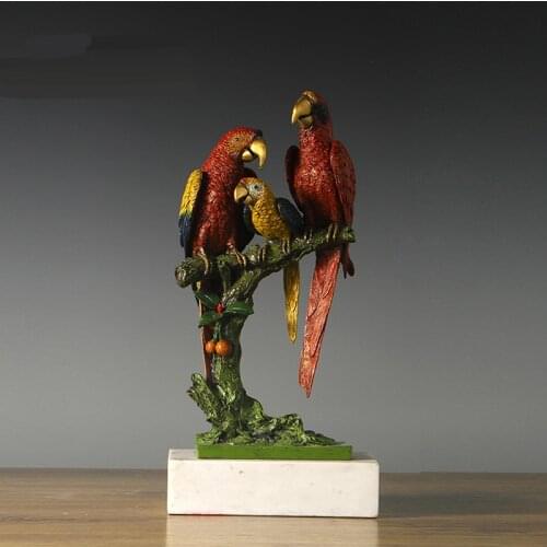 Parrots Family Statue Brass Wildlife Animal Lucky Birds Sculpture Figurine Modern Art Full Color for Home Decoration Present