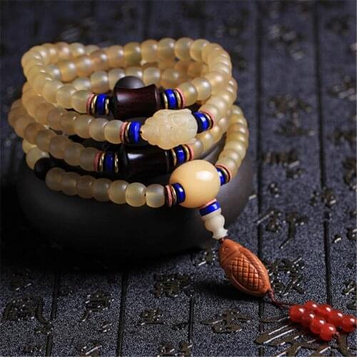 Tibetan Selected Natural Sheep Horn Polish Sheep Horn Beads Bracelet 108 Mala Bucket Beads Prayer Necklace or Bracelet Dropship