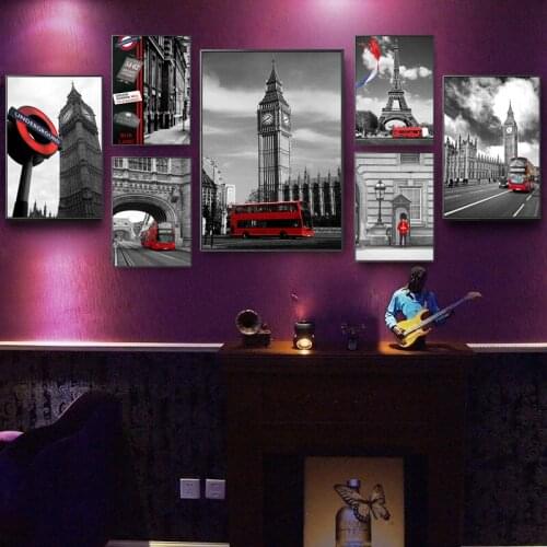 British City Street View Iconic Phone Booth Wall Paintings Vintage Harbor Various Sailboat Canvas Poster For Home Decoration