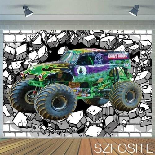 Off-Road Truck Monster Big Wheels Through The Wall Backdrop Boy Birthday Party Decoration Photography Photo Kid Vinyl Background