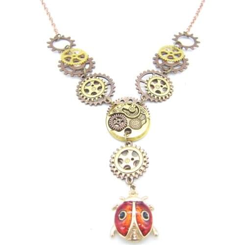 Y Shape Golden Ox Mixed Gears and Smart Red Beatle Drop Vintage Steampunk Necklace
