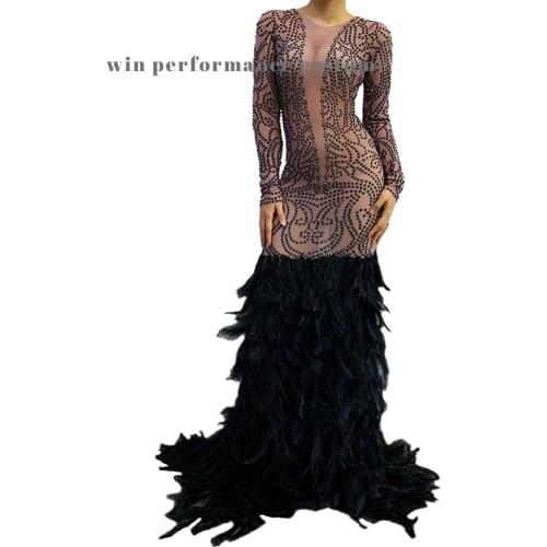 Trailing Skirt Deep V Sexy Feather Stretch Formal Evening Anniversary Festival Vestidos Stage Dresses Women Dancer Bar Show