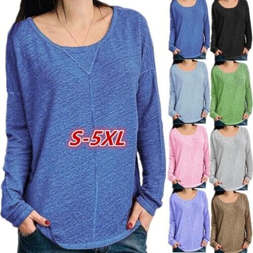 New spring and autumn European and American style solid color round neck with long sleeves womens T-shirt