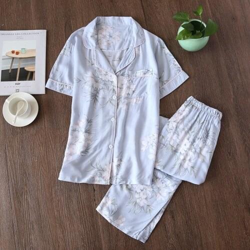 New Spring And Summer Ladies Cotton Pajamas Short-sleeved Trousers Sleepwear Sets Lapel Floral Print Cardigan Home Service Suit