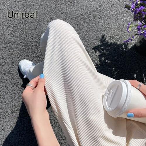 Unireal 2021 Summer Autumn Streetwear Women Wide Leg Pants Casual Elastic High Waist Trousers Long Pleated Pant