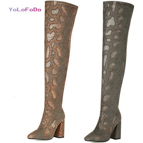 PU Leather Women Over the Knee Boots Fashion Pointed Toe Square Heel Ladies Long Boots Sexy Leopard Ladies Stretch Boots