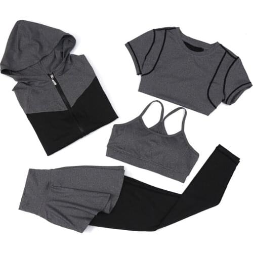 Women 4Piece Sport Suit Tracksuit Yoga Set Zipper Jacket+T Shirt +Bra+Pants Runing Gym Suit Workout Fitness Sportswear Clothing