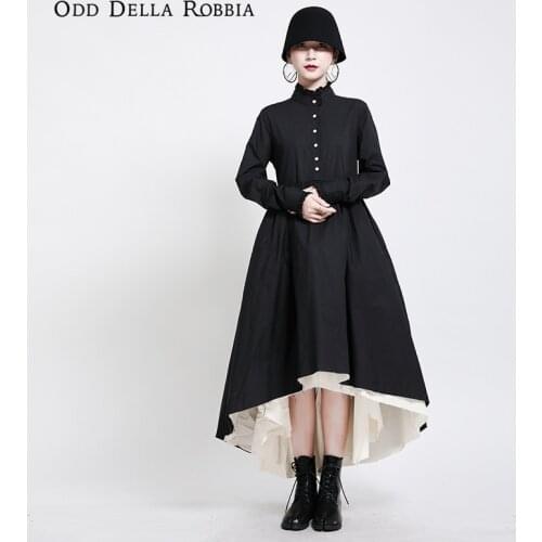 OddDellaRobbia Women Japanese Vintage Elegant Stand-Up Collar Single-Breasted Dress Black White Stitching Fringe Tutu Skirt 1535