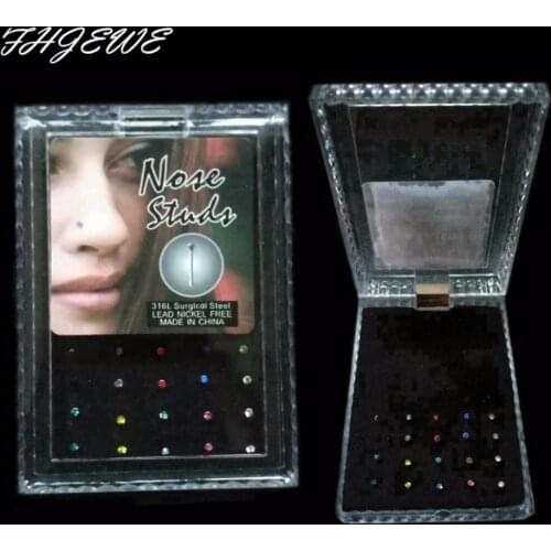 20PCS Assorted CZ Zircon Straight Nose Stud Boxed Stainless Steel Bar Lip Piercing Nose Ring Fashion Body Jewelry Drop Shipping