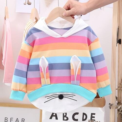 2020 cute Baby Girl Clothes Tops Long Sleeve Striped Rainbow Cartoon Rabbit Hooded Sweatshirt Coat Tops Shoot Toddler Kids
