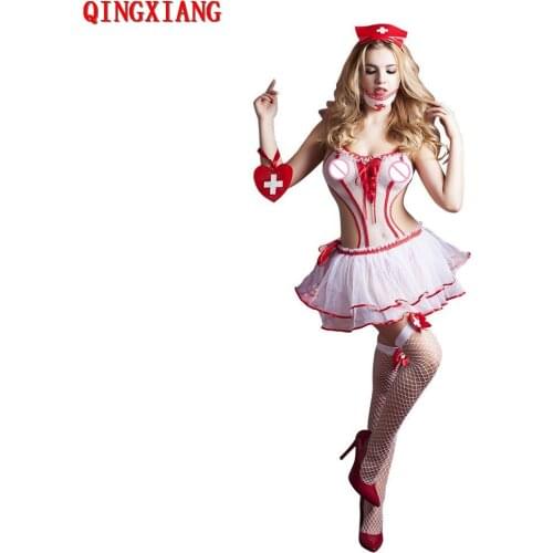 6 Pieces Women Nurse Sexy Fancy Tulle Net Bodysuit With Dress Mask Set Red White Halloween Costume Cosplay Uniform Role-Playing