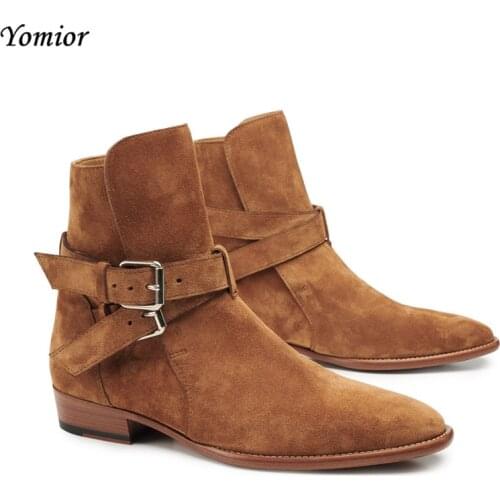 Handmade Luxury Brand Men Boots Fashion Buckle Strap Rome Style Male Chelsea Boots Wedge Genuine Leather Banquet Wedding Boots