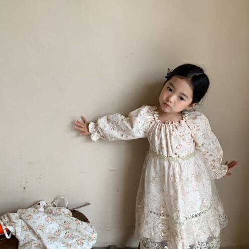 Childrens Princess Dress For Girls Floral Flower Dresses Vintage Retro Kids Frocks French Child Girls Christening Baptism Robe