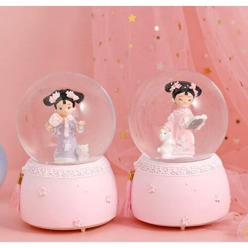 Fantasy Girl Heart Hanfu Girl Crystal Ball Snowflake Glowing Music Box Decoration Antique Girl Music Box Gift