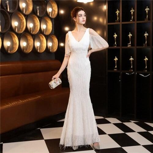 FZSLCYIYI Robe De Soiree Sexy V-Neck Mermaid Evening Dress Elegant Sequins Tasswl Formal Vestido De Festa Cheongsam
