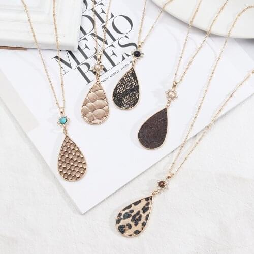 Classic Leopard Snakeskin Leather Teardrop Long Chain Pendant Necklaces for Women