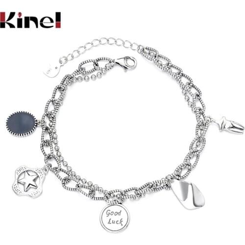 Kinel Multi Layer Lucky Pendant Jewelry Bangle for Ladies Fine 925 Sterling Silver Adjustable Bracelets Vintage Style